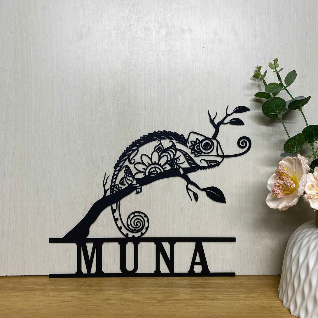 Custom Chameleon Metal Wall Art, Personalized Chameleon Metal Name Sign, Jungle Chameleon Metal Sign Art, Reptile Animal Metal Wall Sign Decor