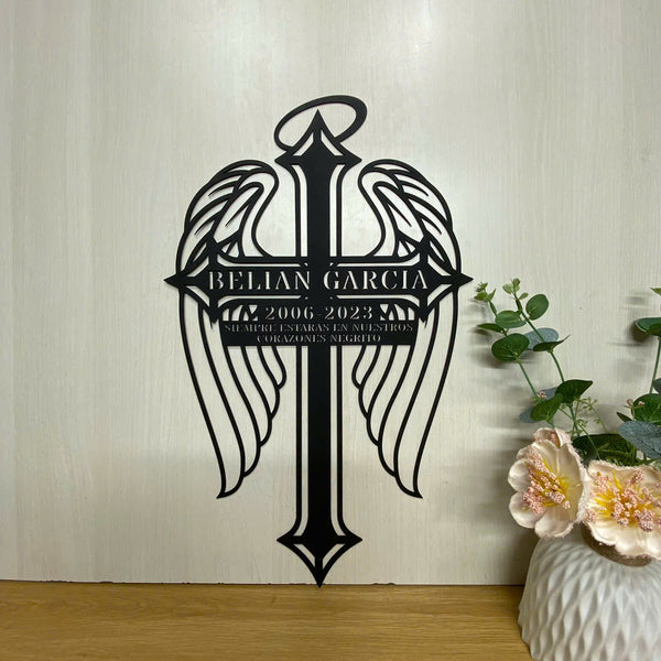 Custom Cross Angel Wings Memorial Metal Stake, Metal Cross Grave Marker, Sympathy Metal Garden Stake, Cross Memory Metal Stake, Cross Remembrance Sign