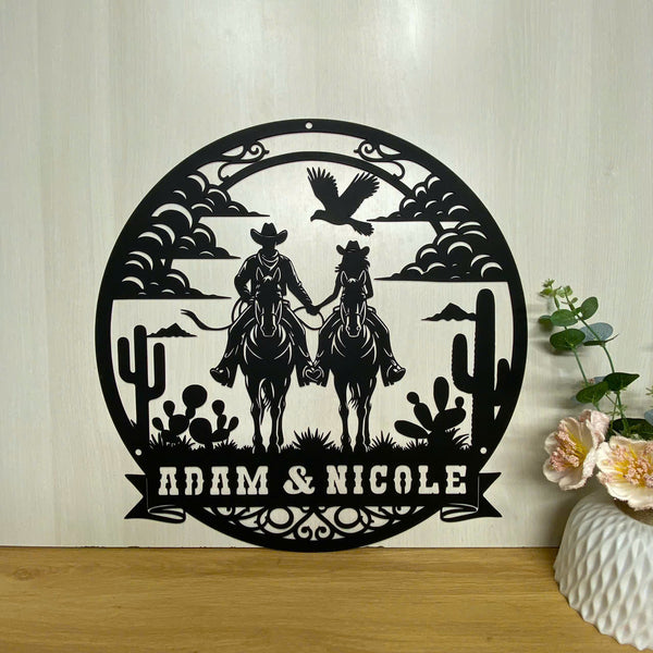 Custom Western Cowboy Couple Riding Horse Metal Sign, Personalized Desert Cactus Cowboy Family Name Metal Sign, Couple Cowboy Metal Wall Art Decor