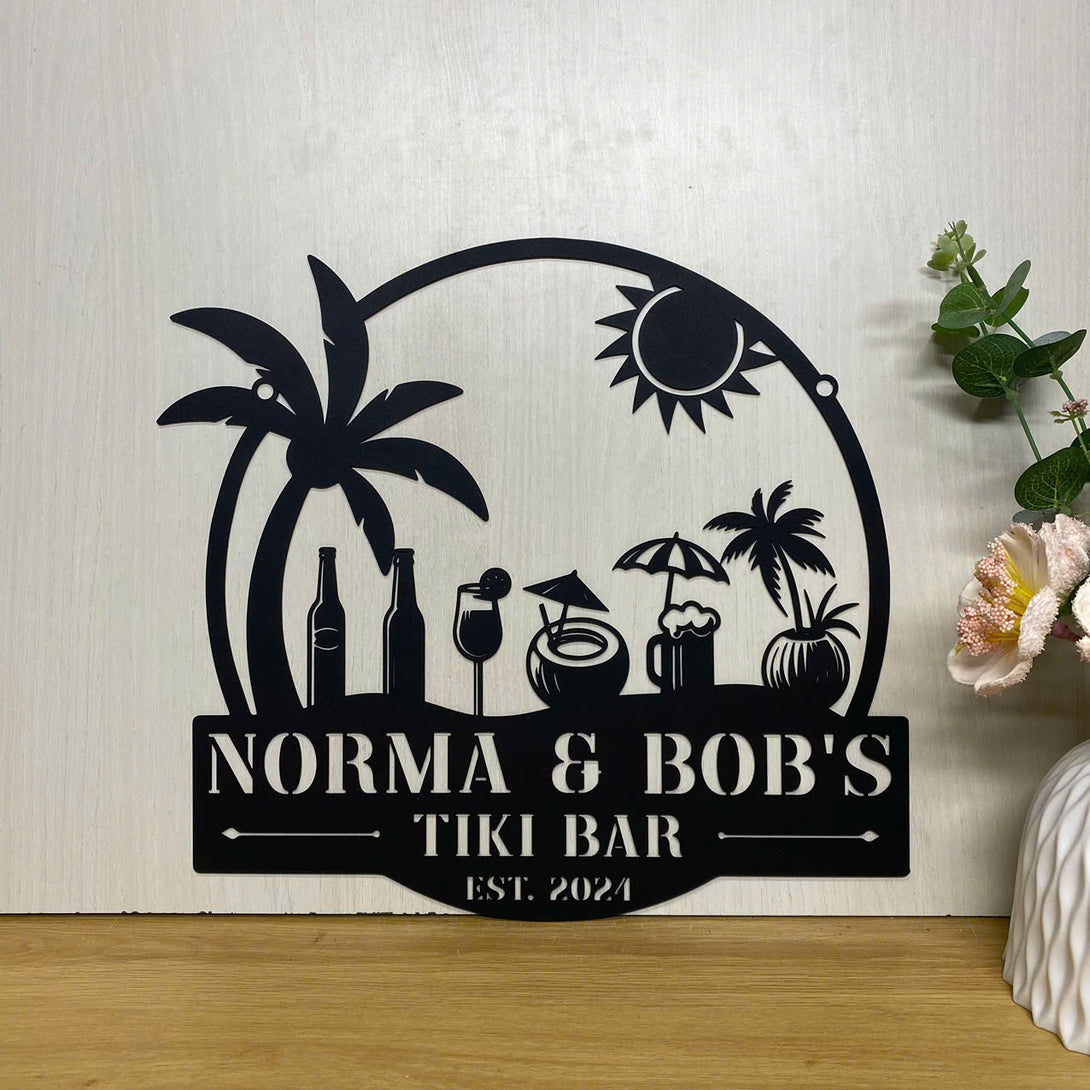 Custom Tropical Oasis Beach House Metal Wall Art, Personalized Palm Tree Backyard Patio Metal Sign, Tropical Poolside Oasis Outdoor Metal Sign