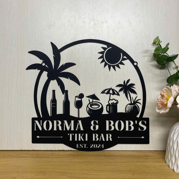 Custom Tropical Oasis Beach House Metal Wall Art, Personalized Palm Tree Backyard Patio Metal Sign, Tropical Poolside Oasis Outdoor Metal Sign