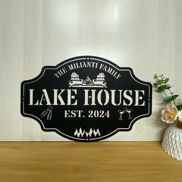 Custom Family Name Lake House Metal Sign, Personalized Lake House Camping Metal Art, Lake House Cabin Metal Name Sign, Lake House Metal Outdoor Decor