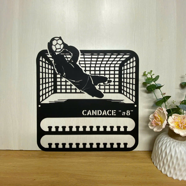 Custom Soccer Medal Holder Hanger, Personalized Football Player Goalkeeper Name Display Medal Hanger, Soccer Medal Display Awards Metal Wall Sign