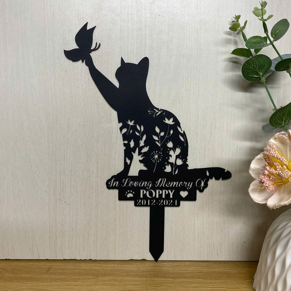 Custom Name Cat Memorial Metal Stake, Floral Cat With Butterfly Garden Stake, Personalized Cat Name Metal Yard Sign, Metal Cat Memorial Garden Sign