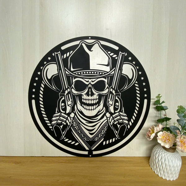 Custom Western Cowboy Skull With Gun Metal Wall Art, Personalized Skull Cowboy Metal Name Sign Home Decor, Cowboy Skull Guns Sign Man Cave Decor