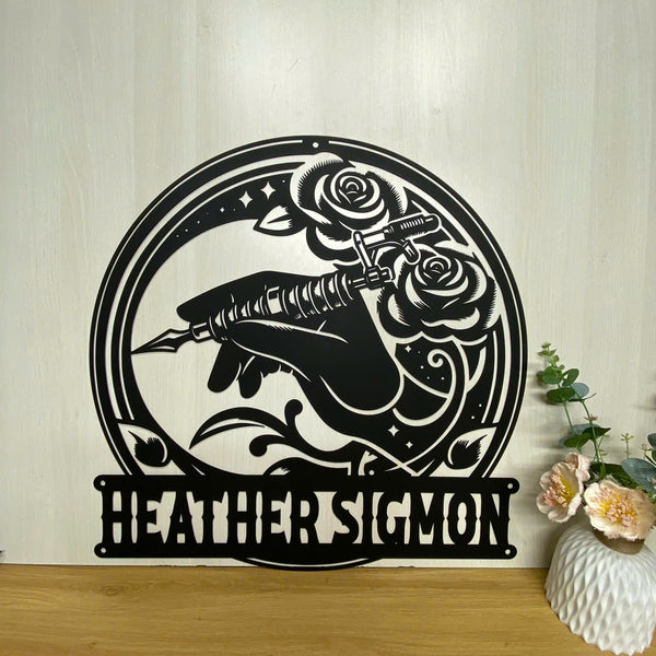 Custom Flower Tattoo Machine Metal Wall Art, Personalized Tattoo Artist Metal Name Sign, Tattoo Shop Metal Wall Decor, Tattoo Studio Metal Sign