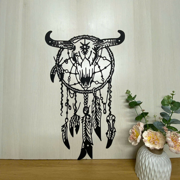 Custom Cow Skull Dreamcatcher Metal Wall Art, Personalized Indian Cow Skull Metal Name Sign Decor, Indian Cow Skull Dreamcatcher Metal Sign Home Decor