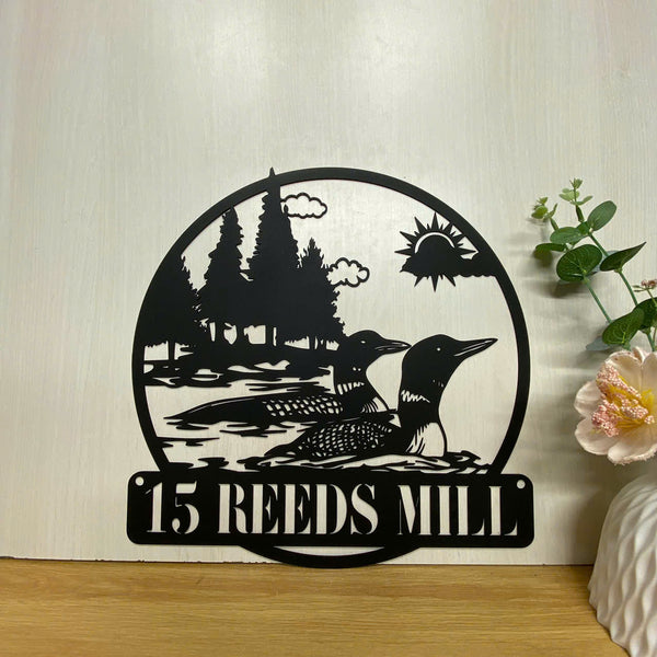 Custom Loon Duck Lake House Metal Wall Art, Personalized Duck Lake Scene Metal Name Sign, Waterfowl Loons Metal Wall Art, Cabin Lodge Metal Decor