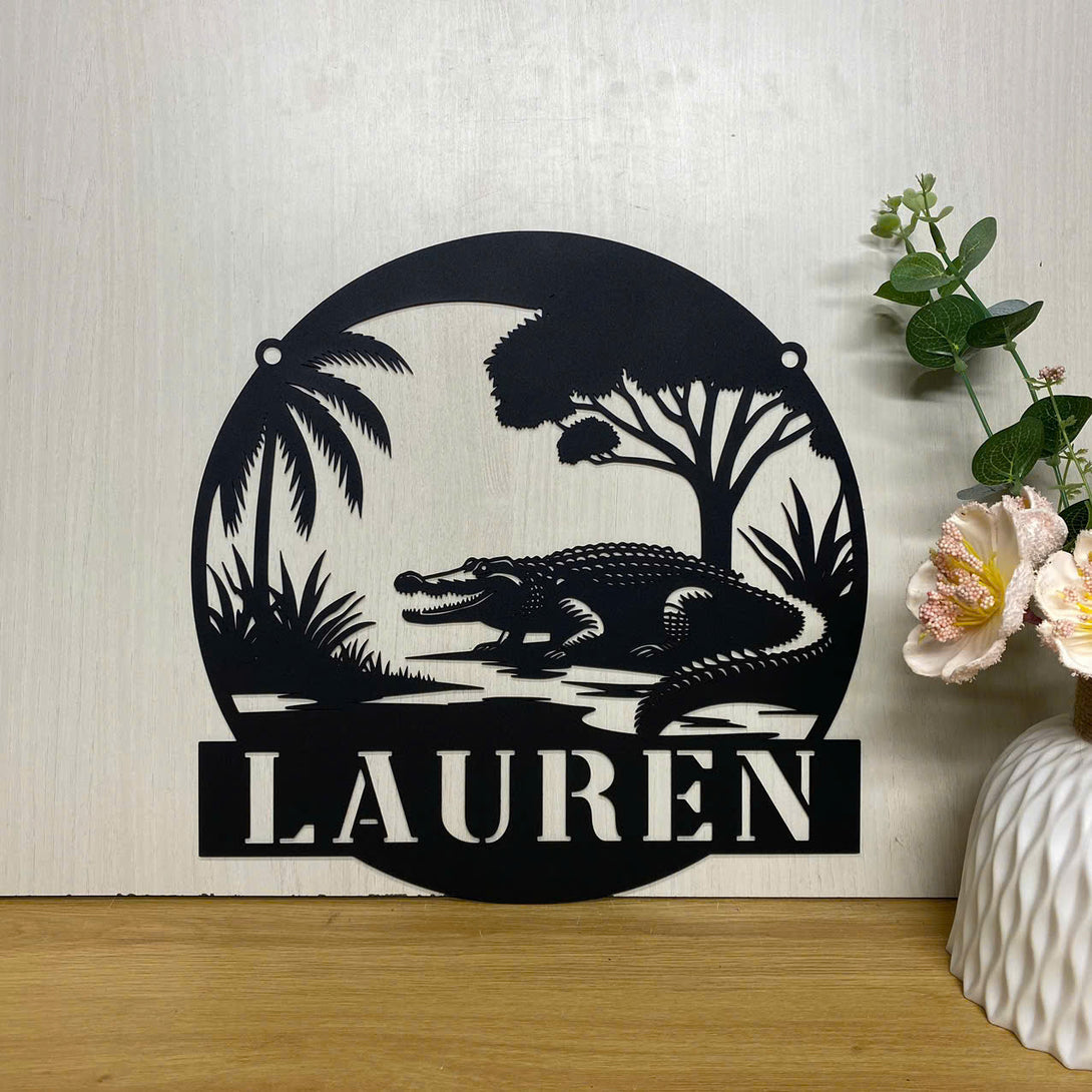 Custom Tropical Crocodile Metal Name Sign, Personalized Crocodile Metal Wall Art Decor, Crocodile Lake House Metal Sign, Crocodile Wall Hanging Decor