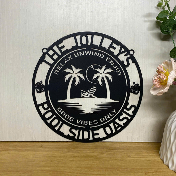 Personalized Poolside Backyard Metal Wall Art, Custom Palm Tree Beach House Family Name Metal Sign, Poolside Patio Tiki Bar Metal Wall Outdoor Decor