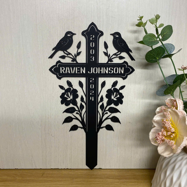 Personalized Floral Cross Memorial Metal Yard Stake, Birds Cross Grave Marker Metal Garden Stake, Memorial Cross Metal Garden Sign, Sympathy Sign