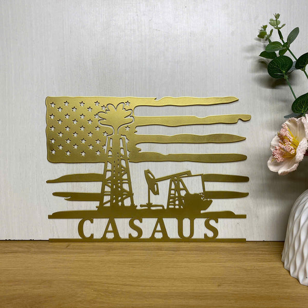 Personalized Us Flag Oil Rig Metal Wall Sign, Oil Field Monogram Metal Wall Art, Oil Field Company Metal Name Sign, Oil Rig Derrickhand Metal Sign