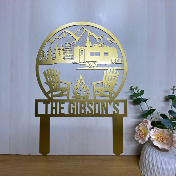 Custom Fire Pit Camping Metal Sign With Stake, Personalized Family Name Happy Camper Metal Stake, Campsite Metal Decor, Great Outdoor Camping Sign