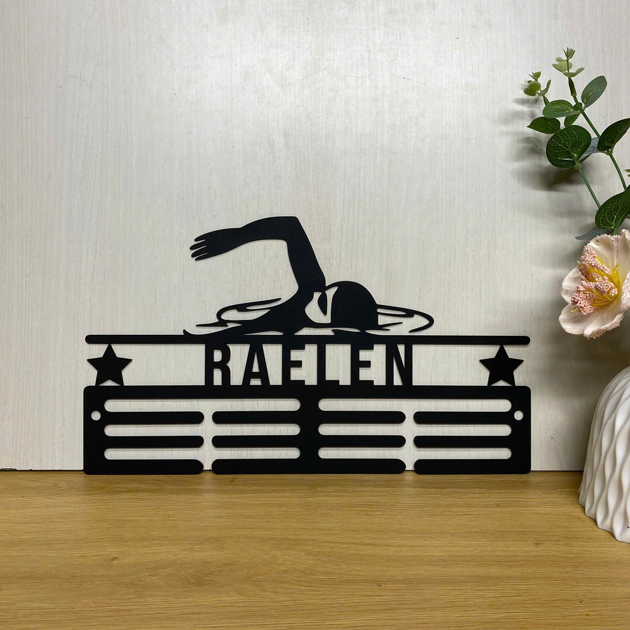 Personalized Swimming Medal Hanger Metal Sign, Custom Name Swimming Sport Medals Holder, Swimming Medal Holder Display Rack For Awards And Ribbons