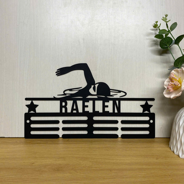 Personalized Swimming Medal Hanger Metal Sign, Custom Name Swimming Sport Medals Holder, Swimming Medal Holder Display Rack For Awards And Ribbons