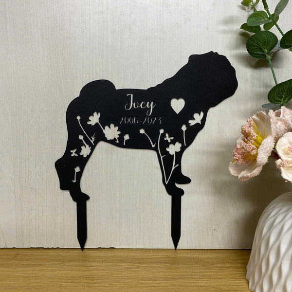 Personalized Pug Dog Memorial Metal Garden Stake, Custom Pug Dog Silhouette Metal Yard Sign, Dog Loss Metal Grave Marker, Pug Loss Remembrance Stake