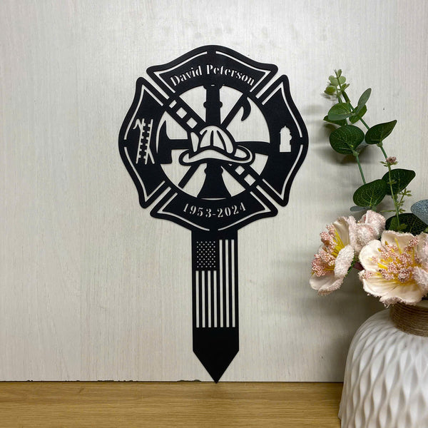 Custom Us Firefighter Maltese Cross Metal Stake, Fireman Memorial Metal Plaque With Stake, Firefighter Loss Metal Grave Maker, Fireman Cemetery Stake