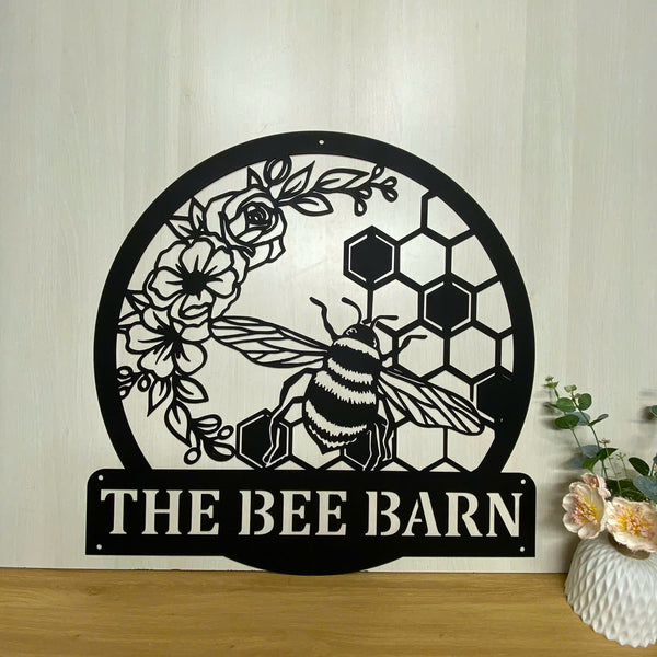 Custom Flowers Honey Bee Metal Wall Art, Personalized Bee Keeper Gardener Metal Name Sign, Honey Bee Family Name Sign, Bee Hive Metal Garden Decor