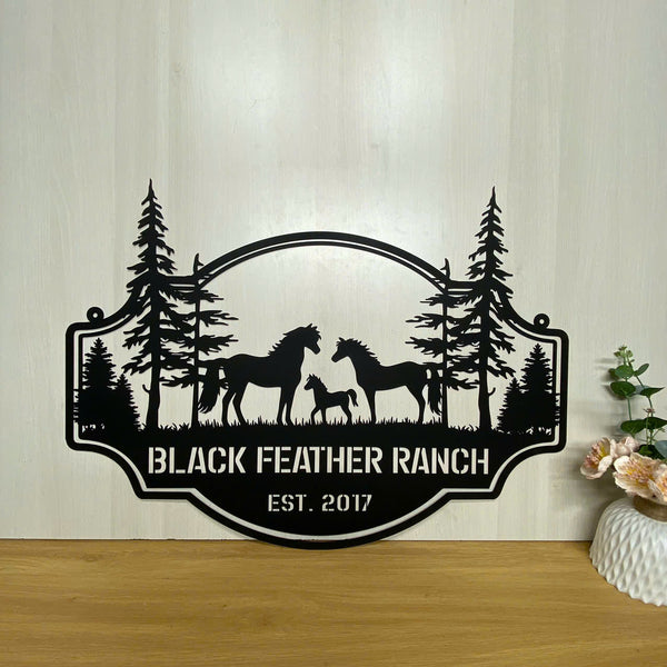 Custom Family Name Horse Farm Metal Sign, Wild Horse Farmhouse Metal Sign, Personalized Horse Ranch Metal Sign, Horse Stable Metal Sign Outdoor Decor