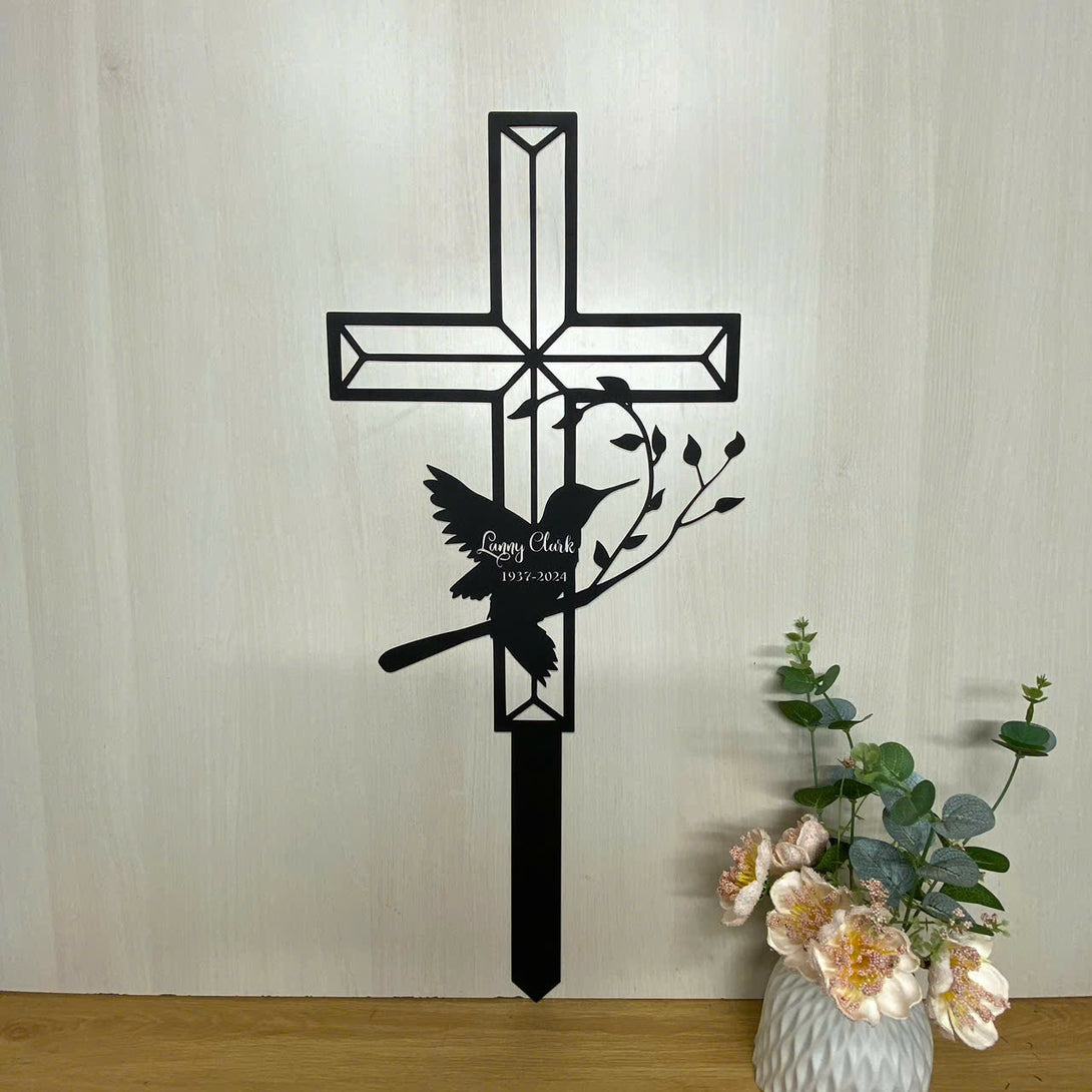 Custom Name Hummingbird Memorial Cross Metal Stake, Personalized Cross With Bird Metal Yard Sign, Sympathy Garden Metal Stake, Outdoor Grave Marke