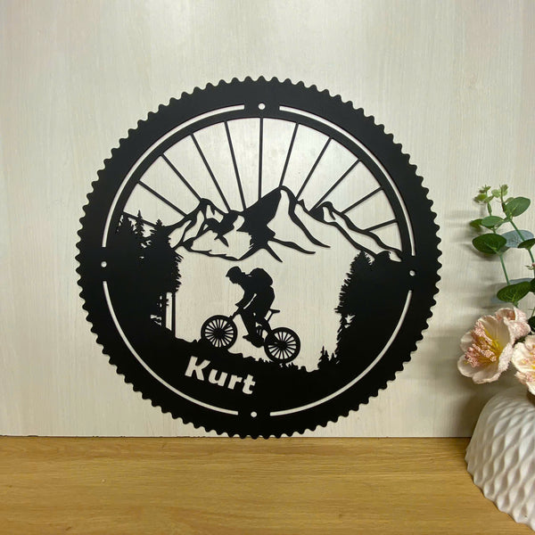 Personalized Mountain Biking Wheel Metal Name Sign, Mountain Tree And Cyclist Metal Wall Art, Custom Mountain Bikers Cabin Metal Wall Sign Decor