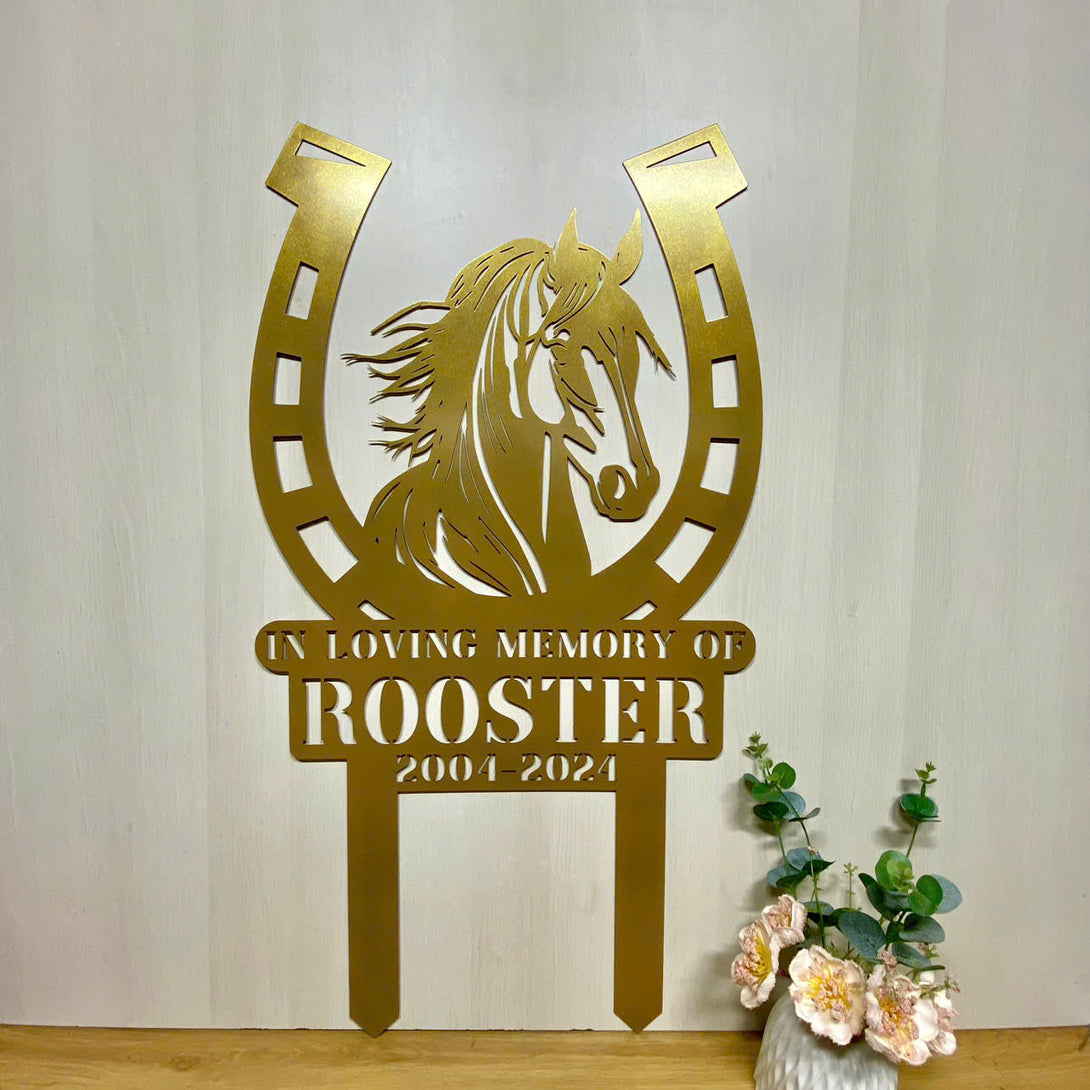 Custom Horse Memorial Metal Garden Sign With Stake, Custom Horse With Horseshoe Metal Yard Sign, Horse Metal Grave Marker, Pet Loss Metal Yard Stake