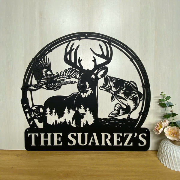 Custom Deer Buck Pheasant Fish Metal Wall Art, Personalized Deer Pheasant Fish Hunting Metal Wall Sign, Hunter Fisherman Metal Name Sign Cabin Decor