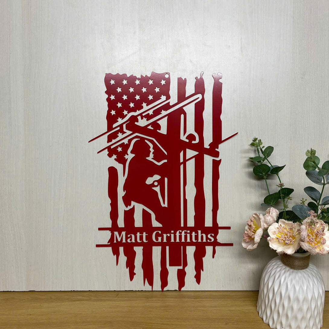 Personalized Us Flag Lineman Metal Wall Art, Custom Lineworker Metal Name Sign, Electrical Lineman Metal Wall Sign Decor, Electrical Worker Metal Art