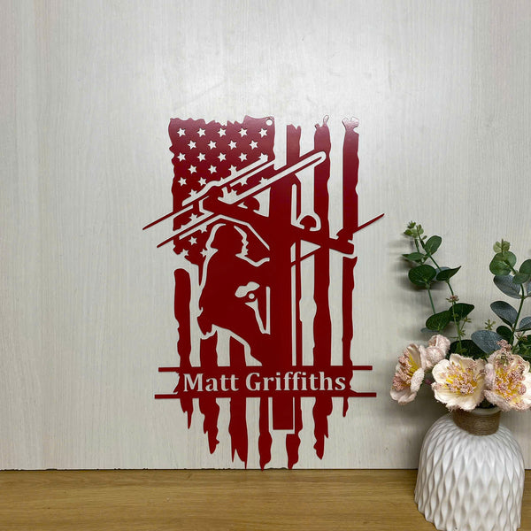 Personalized Us Flag Lineman Metal Wall Art, Custom Lineworker Metal Name Sign, Electrical Lineman Metal Wall Sign Decor, Electrical Worker Metal Art