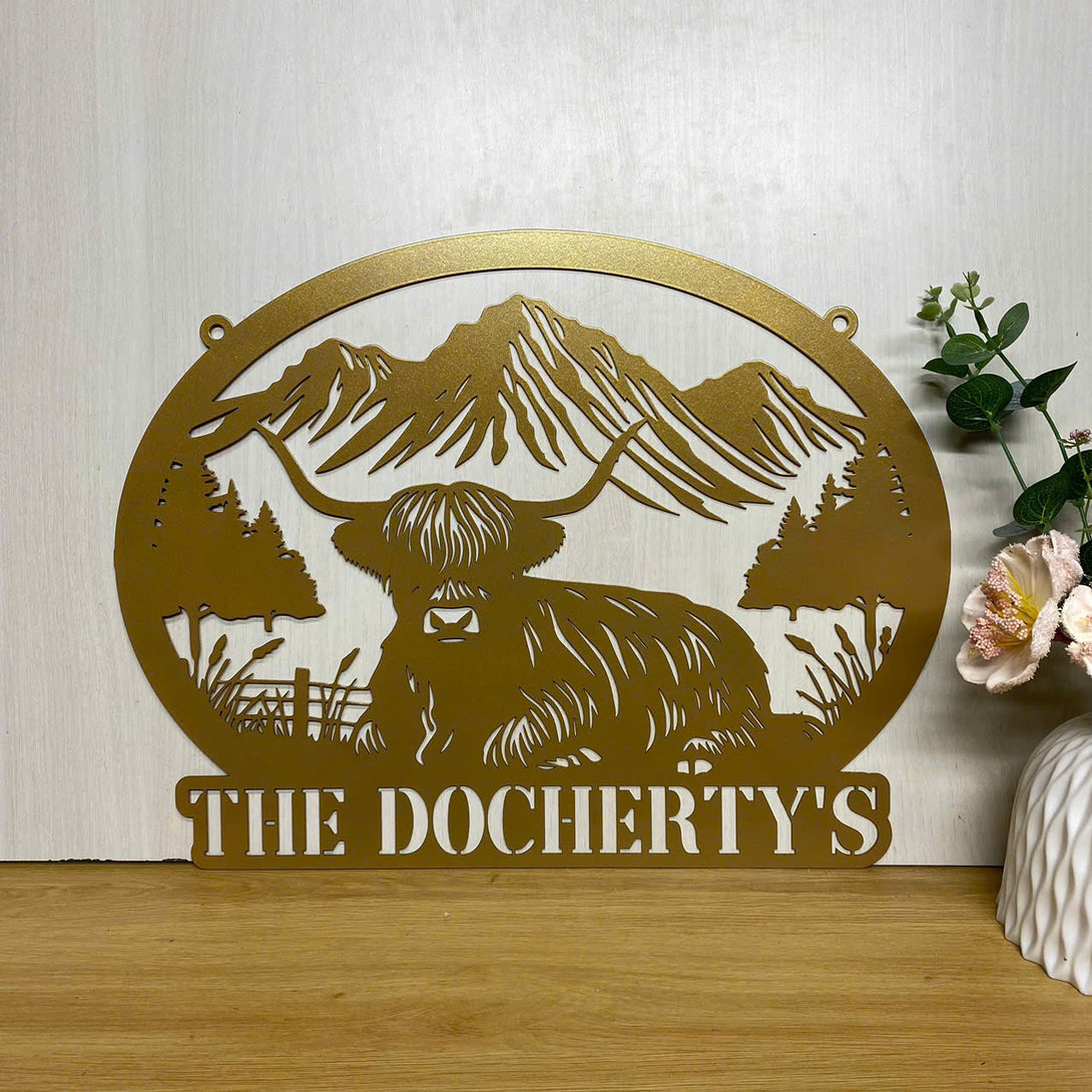 Custom Mountain Highland Cow Metal Sign, Highland Cattle Metal Farm Sign Decor, Personalized Family Name Highland Cow Farm Sign, Mountain Ranch Metal