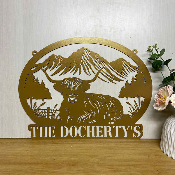 Custom Mountain Highland Cow Metal Sign, Highland Cattle Metal Farm Sign Decor, Personalized Family Name Highland Cow Farm Sign, Mountain Ranch Metal