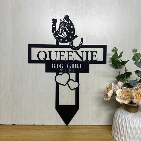 Custom Horse Memorial Cross Metal Sign With Stake, Custom Horse With Horseshoe Metal Yard Sign, Horse Metal Grave Marker, Pet Loss Metal Yard Stake