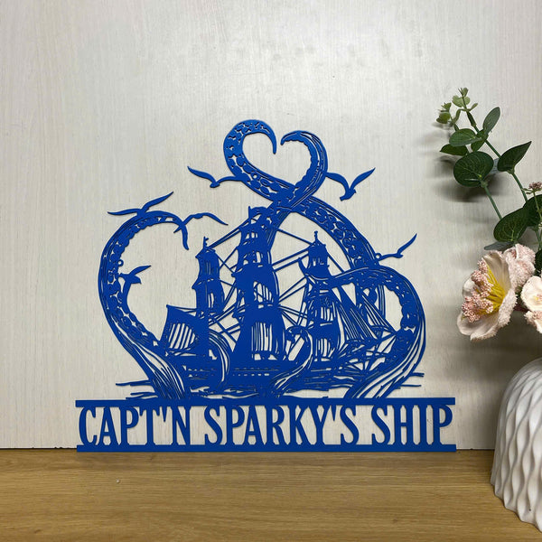 Custom Ship Octopus Tentacles Metal Wall Art, Personalized Name Kraken Octopus Metal Sign, Ocean Sea Monster Kraken Metal Wall Decor