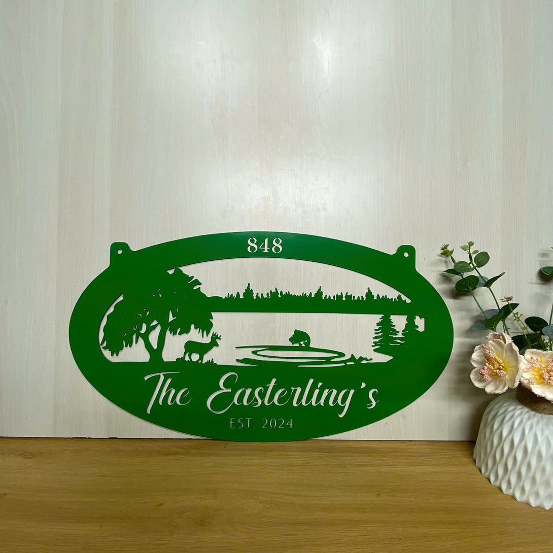 Personalized Lake Jumping Fish Metal Sign, Forest Deer Lakeside Metal Sign, Custom Family Name Lake House Metal Decor, Lakeside Outdoor Metal Sign