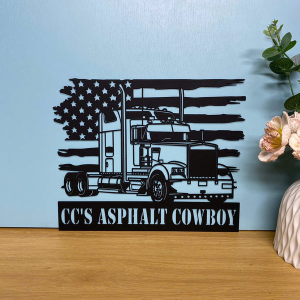 Custom Us Flag Semi Truck Trailer Metal Wall Art, Personalized Truck Driver Metal Name Sign, Semi Truck Driver Retirement Metal Wall Sign