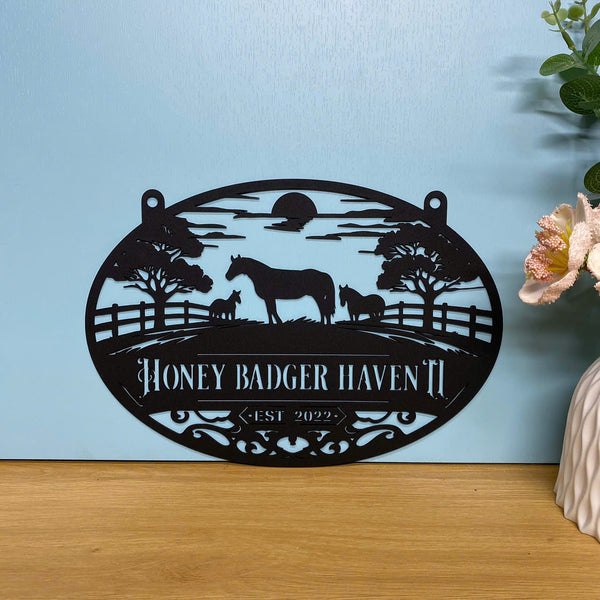 Custom Horse Ranch Metal Name Sign, Horse Barn Farmhouse Entrance Metal Hanging Sign, Personalized Horse Stable Metal Sign, Horse Farm Outdoor Sign