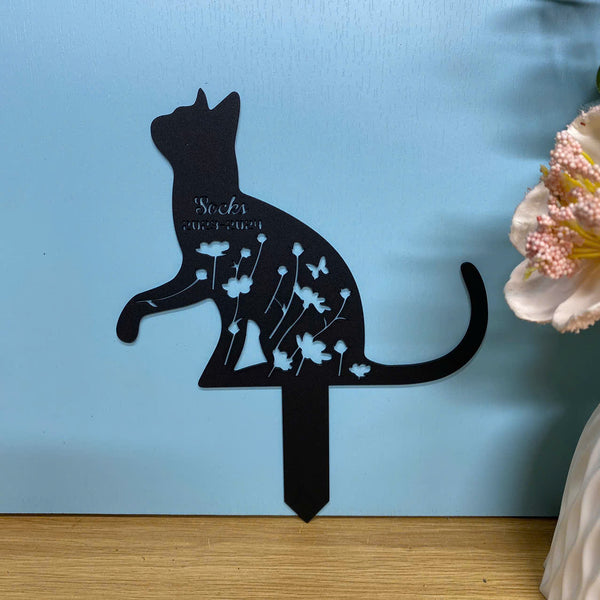 Custom Floral Cat Memorial Metal Garden Stake, Cat Lovers Metal Yard Sign, Cat With Name Personalized, Pet Grave Marker, Remembrance Stake