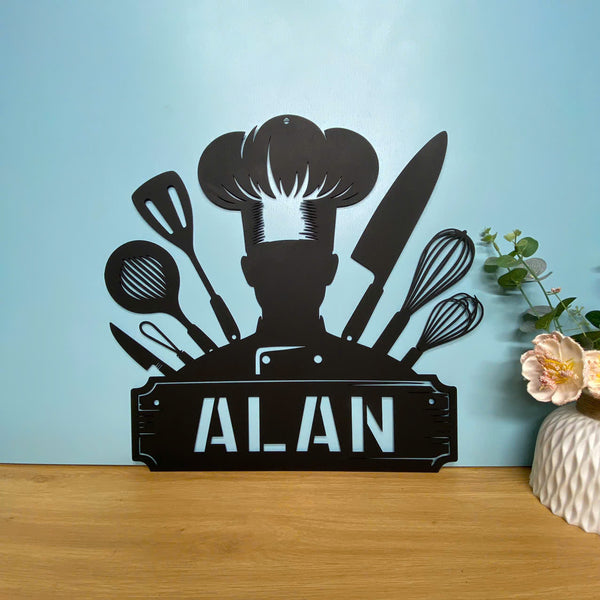 Custom Chef Metal Wall Hanging Sign, Chef Logo Metal Wall Art, Chef Tools Metal Sign Home Kitchen Wall Decor, Cooking Lover Dinning Room Metal Art