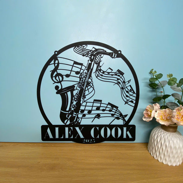 Custom Saxophone Musical Instrument Metal Wall Art, Personalized Saxophone Player Metal Name Sign, Jazz Music Studio Saxophone Metal Wall Hanging