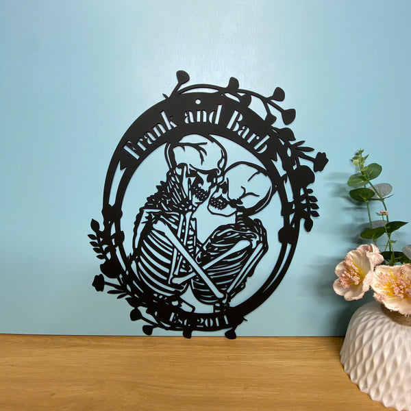 Personalized Couple Skeleton Metal Wall Art, Custom Skeleton Lovers Metal Name Sign, Floral Couple Skulls Metal Art, Sugar Skull Metal Wall Sign