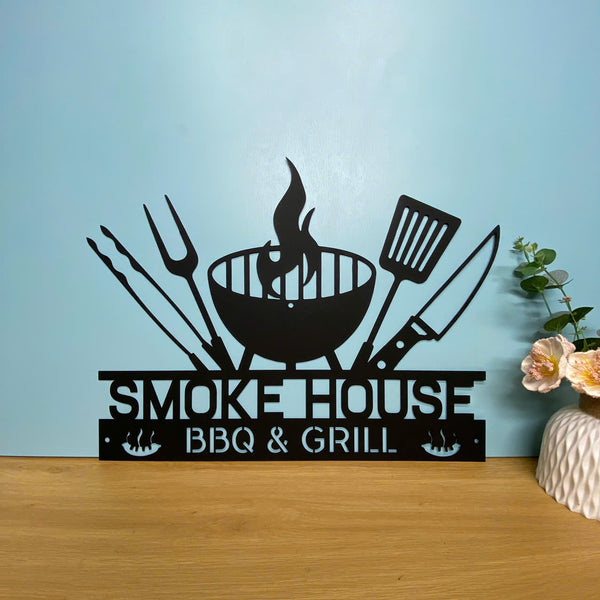 Custom Smokehouse Bbq Grill Backyard Metal Sign, Personalized Barbecue Metal Wall Art, Grill & Chill Metal Wall Sign Decor, Patio Backyard Metal Signs