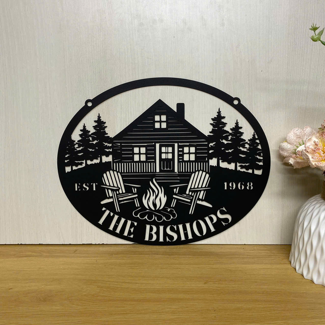 Personalized Cabin House Cottage Metal Wall Art, Custom Family Name Metal Sign, Metal Cabin Forest Man Cave Sign, Fire Pit Outdoor Camping Metal Sign