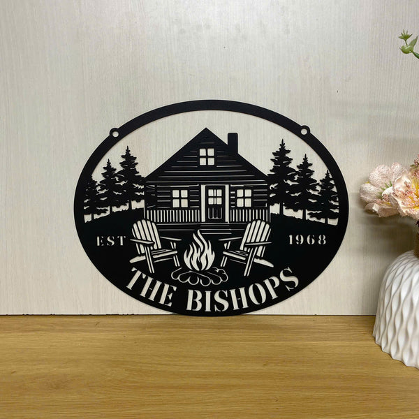 Personalized Cabin House Cottage Metal Wall Art, Custom Family Name Metal Sign, Metal Cabin Forest Man Cave Sign, Fire Pit Outdoor Camping Metal Sign