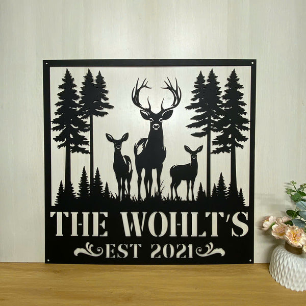 Custom Deer In Forest Metal Cabin Sign, Personalized Wild Deer Metal Wall Art, Deer Hunting Metal Sign, Wild Animal Hunting Man Cave Metal Name Sign