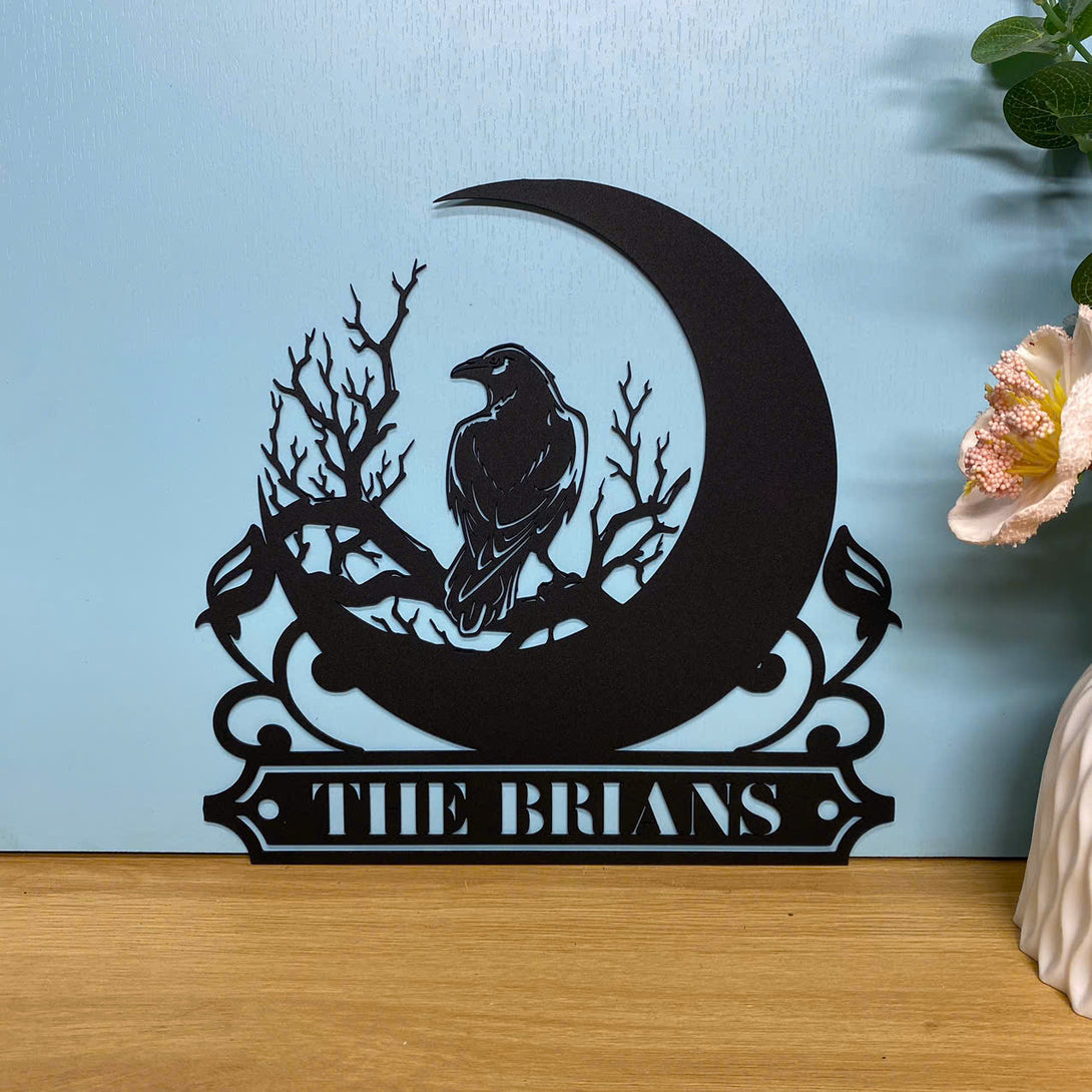 Custom Raven On The Crescent Moon Metal Sign, Personalized Name Black Raven Metal Sign, Raven Monogram Metal Wall Art, Black Crow Metal Wall Decor