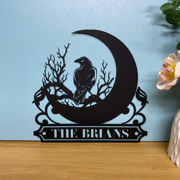 Custom Raven On The Crescent Moon Metal Sign, Personalized Name Black Raven Metal Sign, Raven Monogram Metal Wall Art, Black Crow Metal Wall Decor