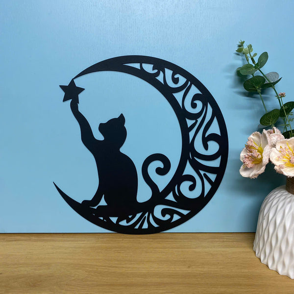 Cat On The Moon Metal Wall Hanging Sign, Moon Cat With Star Metal Wall Art, Crescent Moon Cat Metal Sign, Moon Cat Metal Wall Sign Home Decor
