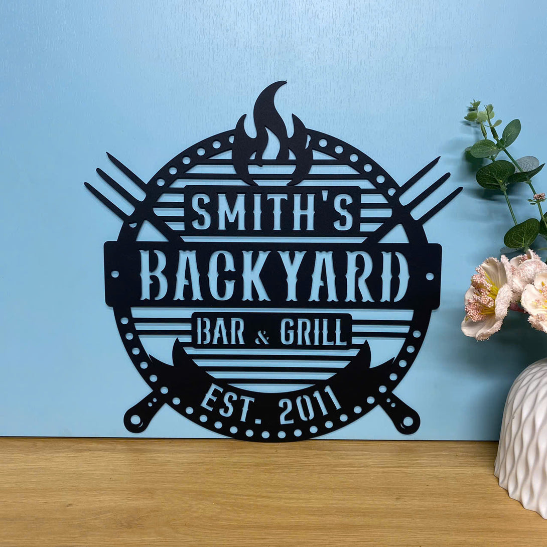 Personalized Backyard Bar & Grill Metal Sign, Custom Family Name Smokehouse Metal Wall Art, Poolside Bar Metal Wall Decor, Bbq Backyard Metal Sign