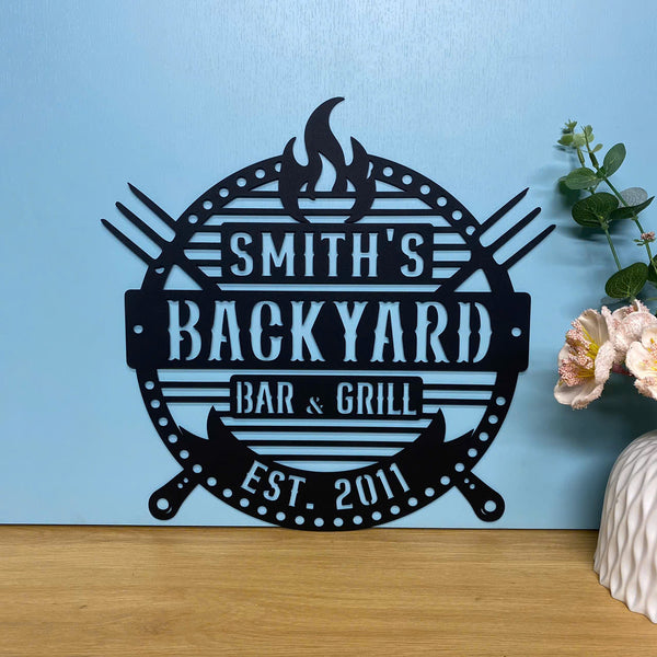 Personalized Backyard Bar & Grill Metal Sign, Custom Family Name Smokehouse Metal Wall Art, Poolside Bar Metal Wall Decor, Bbq Backyard Metal Sign