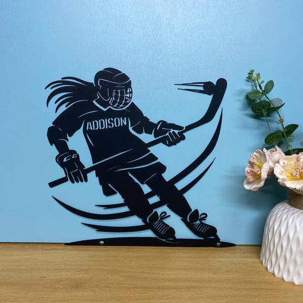 Custom Female Ice Hockey Metal Wall Art, Personalized Ice Hockey Player Metal Name Sign, Hockey Sport Kids Room Metal Decor, Hockey Lover Metal Sign